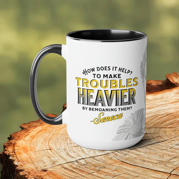 Seneca Quote Mug: "How does it help? to make troubles heavier by bemoaning them" - INTERACTIVE Stoicism Quote Mug - Scannable QR Code - Black Mug