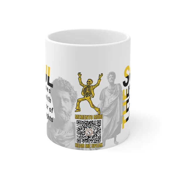 Marcus Aurelius Quote Mug: "The soul becomes dyed with the color of its thoughts" - INTERACTIVE Stoicism Quote Mug - Scannable QR Code - Black Mug