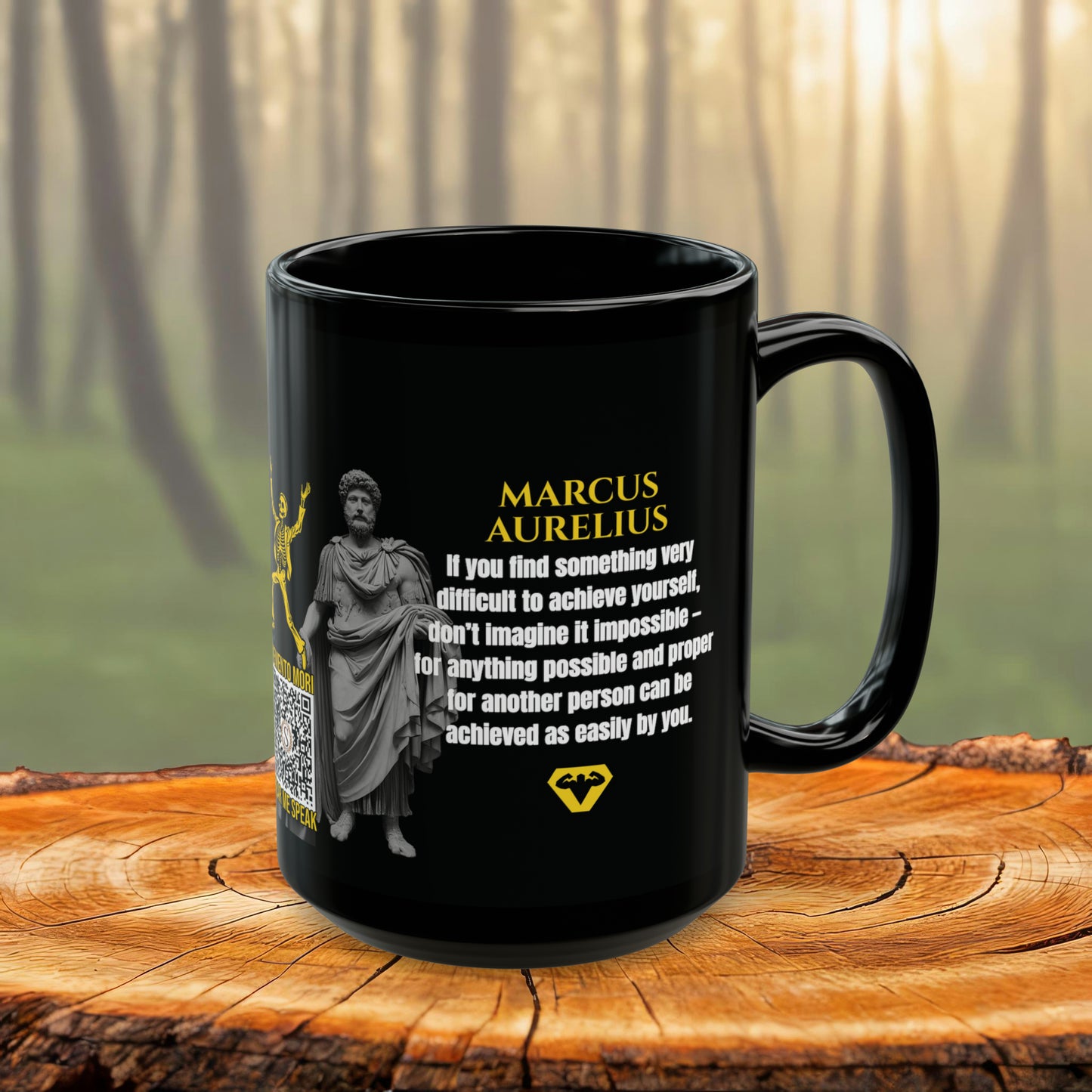 Marcus Aurelius Quote Mug: "If you find something very difficult to achieve yourself" - INTERACTIVE Stoicism Quote Mug - Scannable QR Code - Black Mug