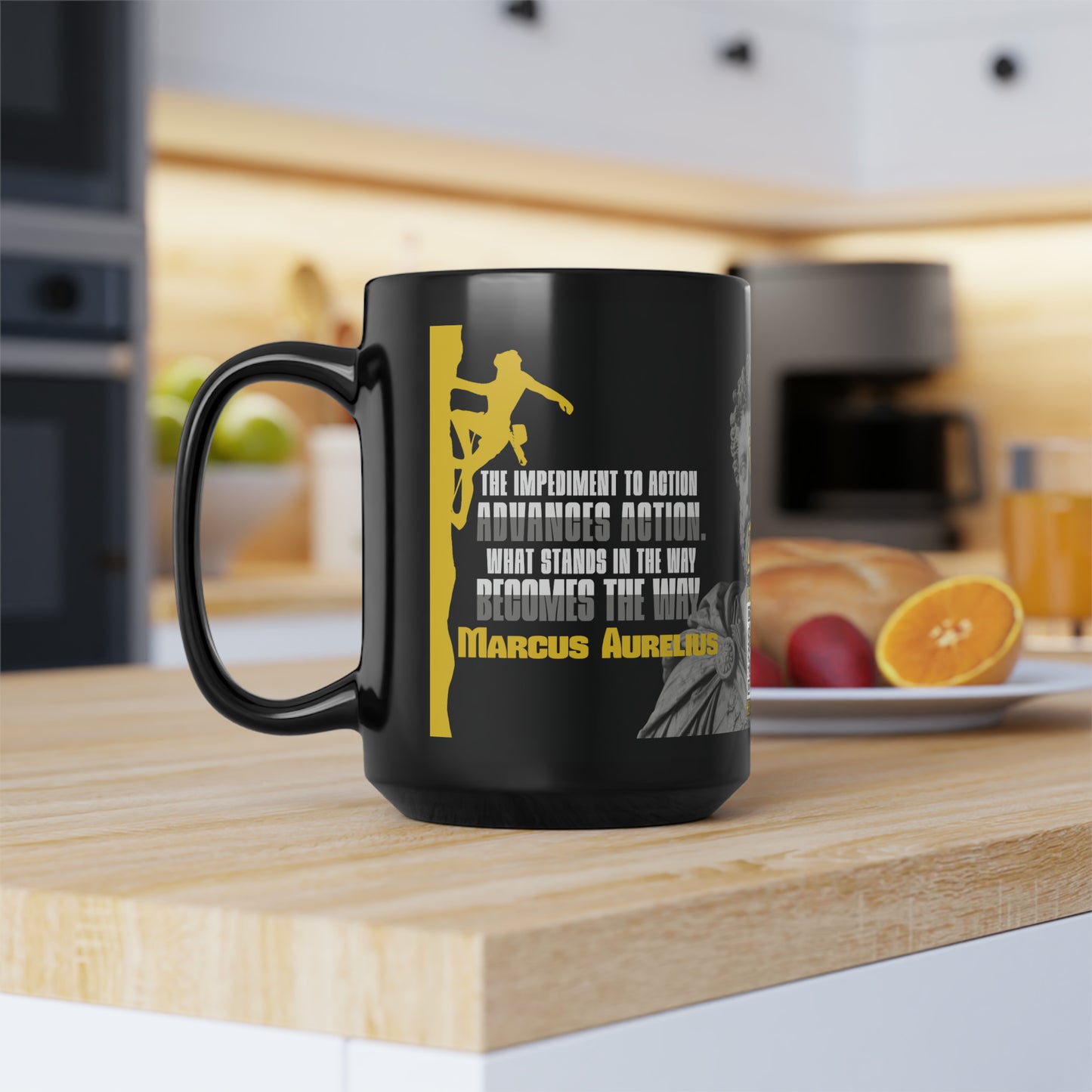 Marcus Aurelius Quote Mug: "What Stands in the Way, Becomes the Way." - INTERACTIVE Stoicism Quote Mug - Scannable QR Code - Black Mug