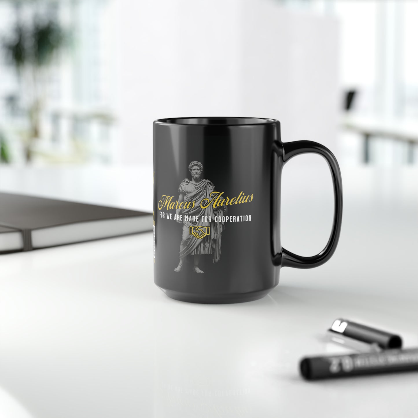 Marcus Aurelius Quote Mug: "For we are made for cooperation." - INTERACTIVE Stoicism Quote Mug - Scannable QR Code - Black Mug