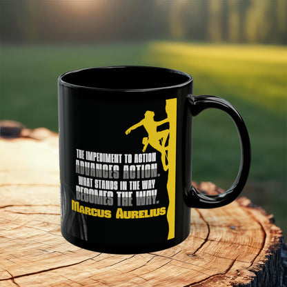 Marcus Aurelius Quote Mug: "What Stands in the Way, Becomes the Way." - INTERACTIVE Stoicism Quote Mug - Scannable QR Code - Black Mug