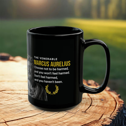 Marcus Aurelius Quote Mug - "Choose Not To Be Harmed" - INTERACTIVE Stoicism Quote Mug - Scannable QR Code - Black Mug