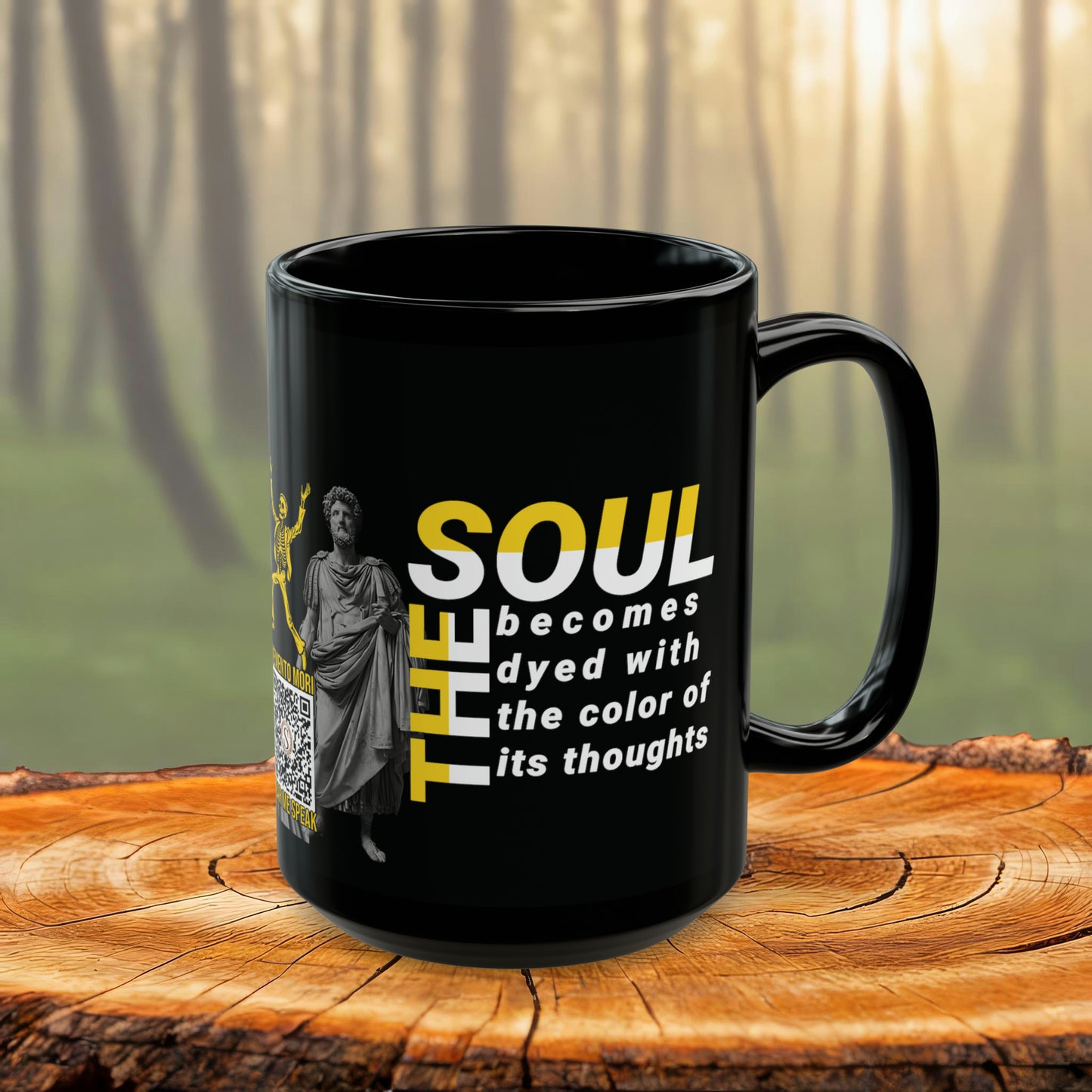 Marcus Aurelius Quote Mug: "The soul becomes dyed with the color of its thoughts" - INTERACTIVE Stoicism Quote Mug - Scannable QR Code - Black Mug