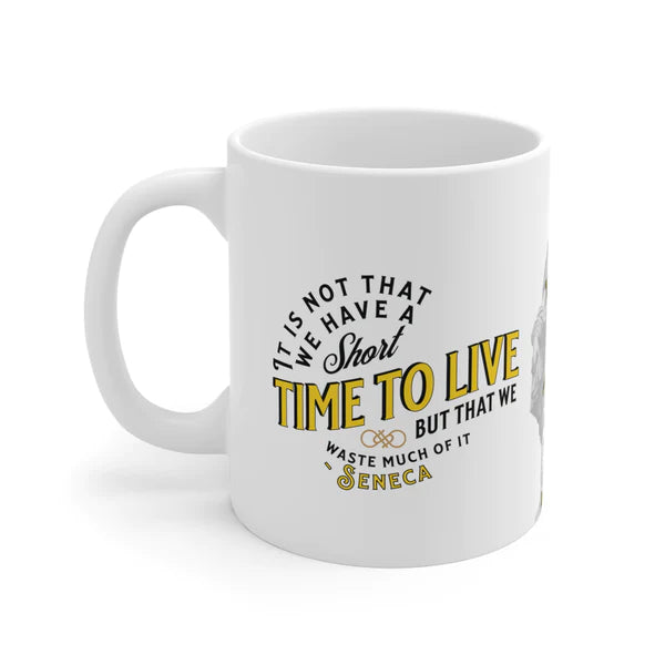 Seneca Quote Mug: "It is not that we have a short time to live" - INTERACTIVE Quote Mug - Scannable QR Code - Black Mug