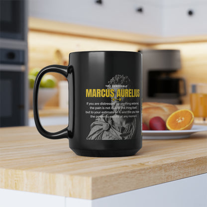 Marcus Aurelius Quote Mug: "If you are distressed by anything external" - INTERACTIVE Stoicism Quote Mug - Scannable QR Code - Black Mug