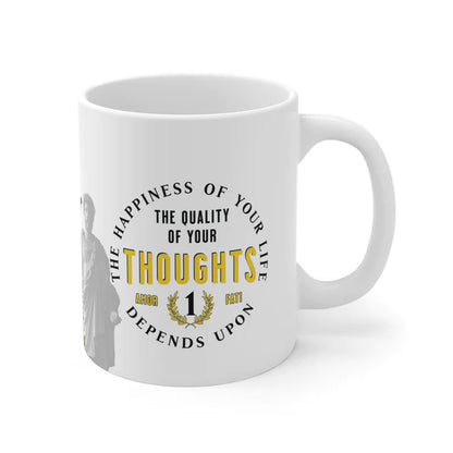 Marcus Aurelius Quote Mug: "The happiness of your life depends upon the quality of your thoughts" - INTERACTIVE Stoicism Quote Mug - Scannable QR Code - Black Mug