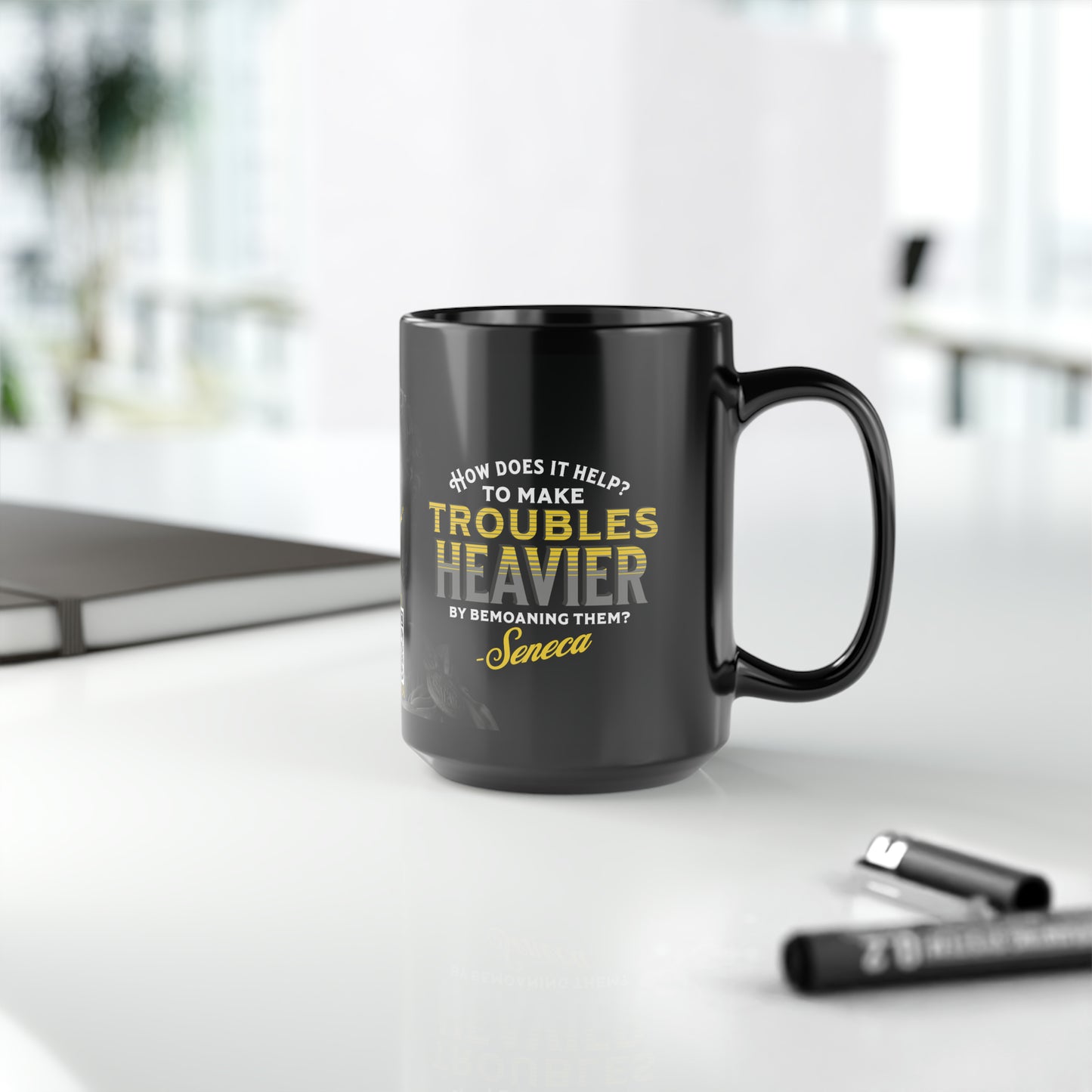 Seneca Quote Mug: "How does it help? to make troubles heavier by bemoaning them" - INTERACTIVE Stoicism Quote Mug - Scannable QR Code - Black Mug