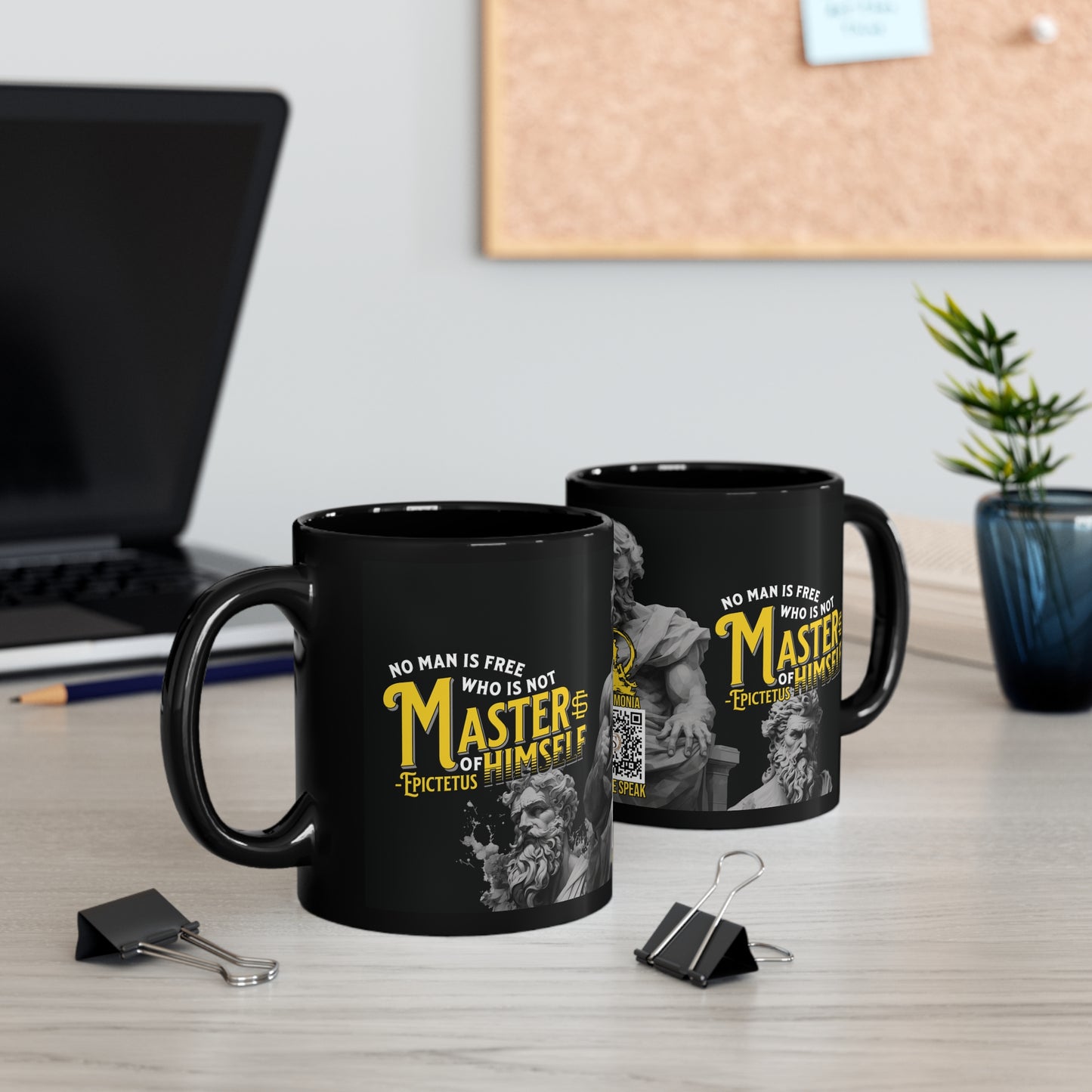 Epictetus Quote Mug - "No man is free who is not master of himself." - INTERACTIVE Stoicism Quote Mug - Scannable QR Code - Black Mug