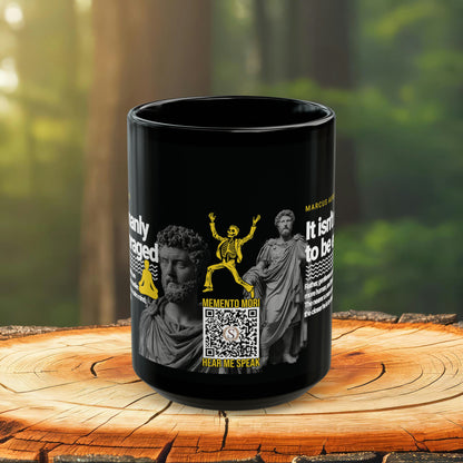 Marcus Aurelius Quote Mug: "It isn't manly to be enraged." - INTERACTIVE Stoicism Quote Mug - Scannable QR Code - Black Mug