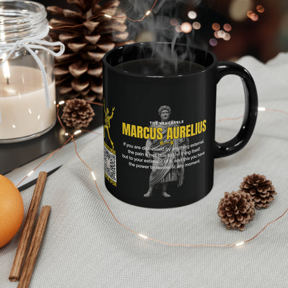 Marcus Aurelius Quote Mug: "If you are distressed by anything external" - INTERACTIVE Stoicism Quote Mug - Scannable QR Code - Black Mug