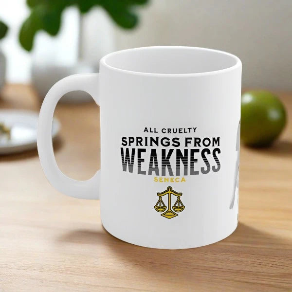 Seneca Quote Mug: "All cruelty springs from weakness" - INTERACTIVE Stoicism Quote Mug - Scannable QR Code - Black Mug