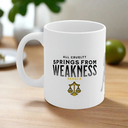 Seneca Quote Mug: "All cruelty springs from weakness" - INTERACTIVE Stoicism Quote Mug - Scannable QR Code - Black Mug