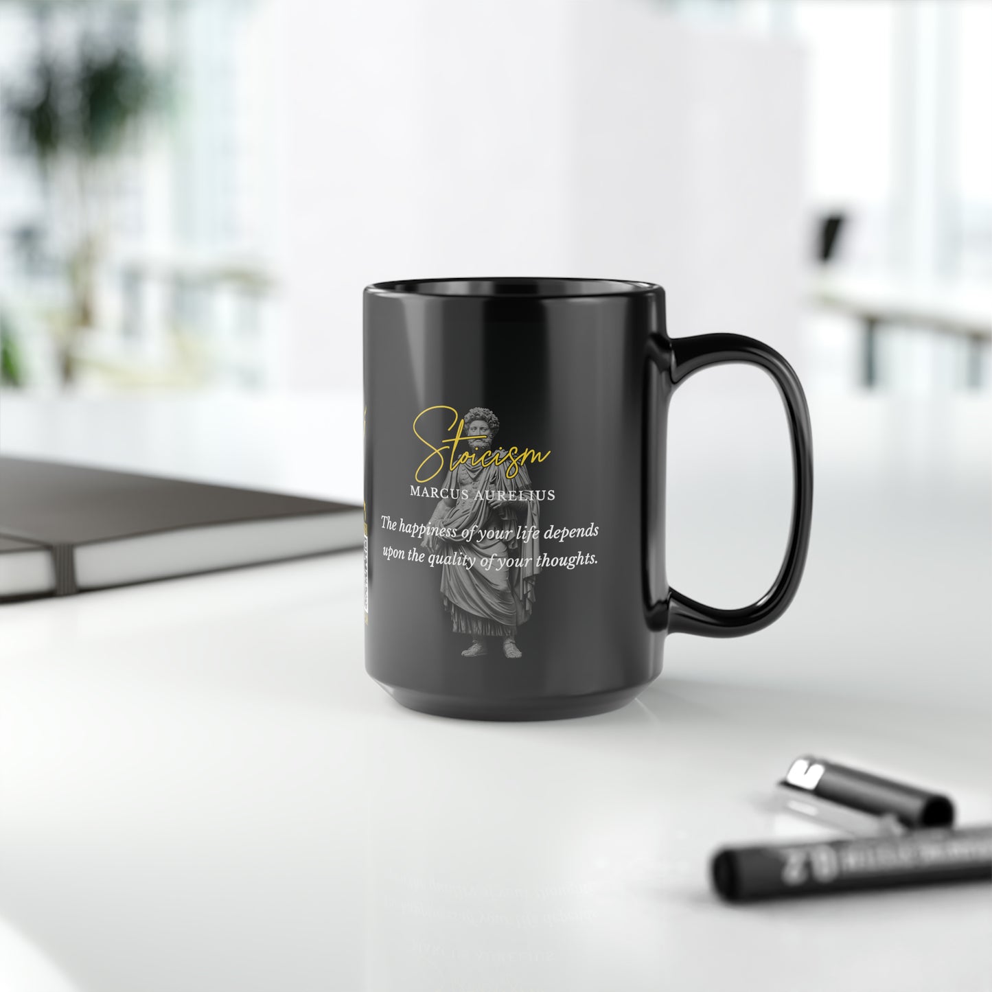 Marcus Aurelius Quote Mug: STOICISM - "The happiness of your life depends upon the quality of your thoughts" - INTERACTIVE Stoicism Quote Mug - Scannable QR Code - Black Mug