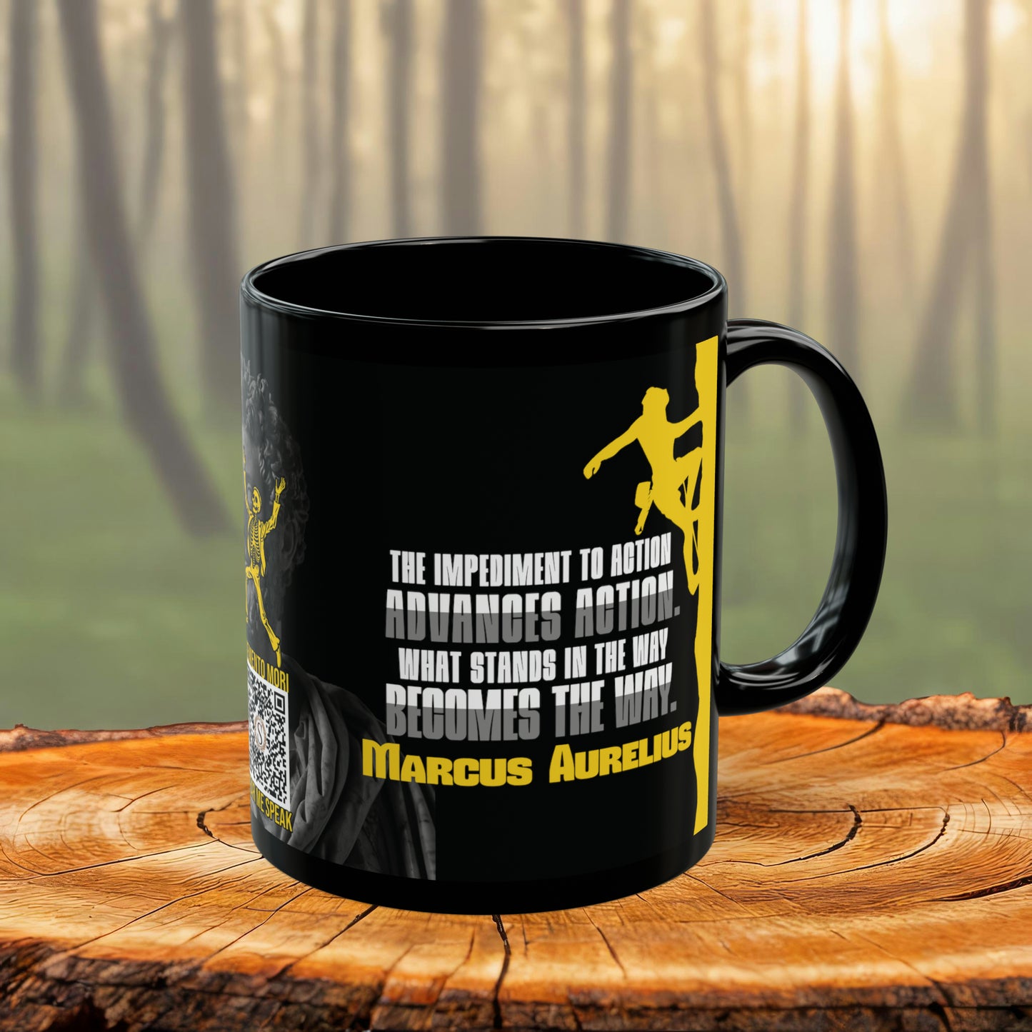 Marcus Aurelius Quote Mug: "What Stands in the Way, Becomes the Way." - INTERACTIVE Stoicism Quote Mug - Scannable QR Code - Black Mug