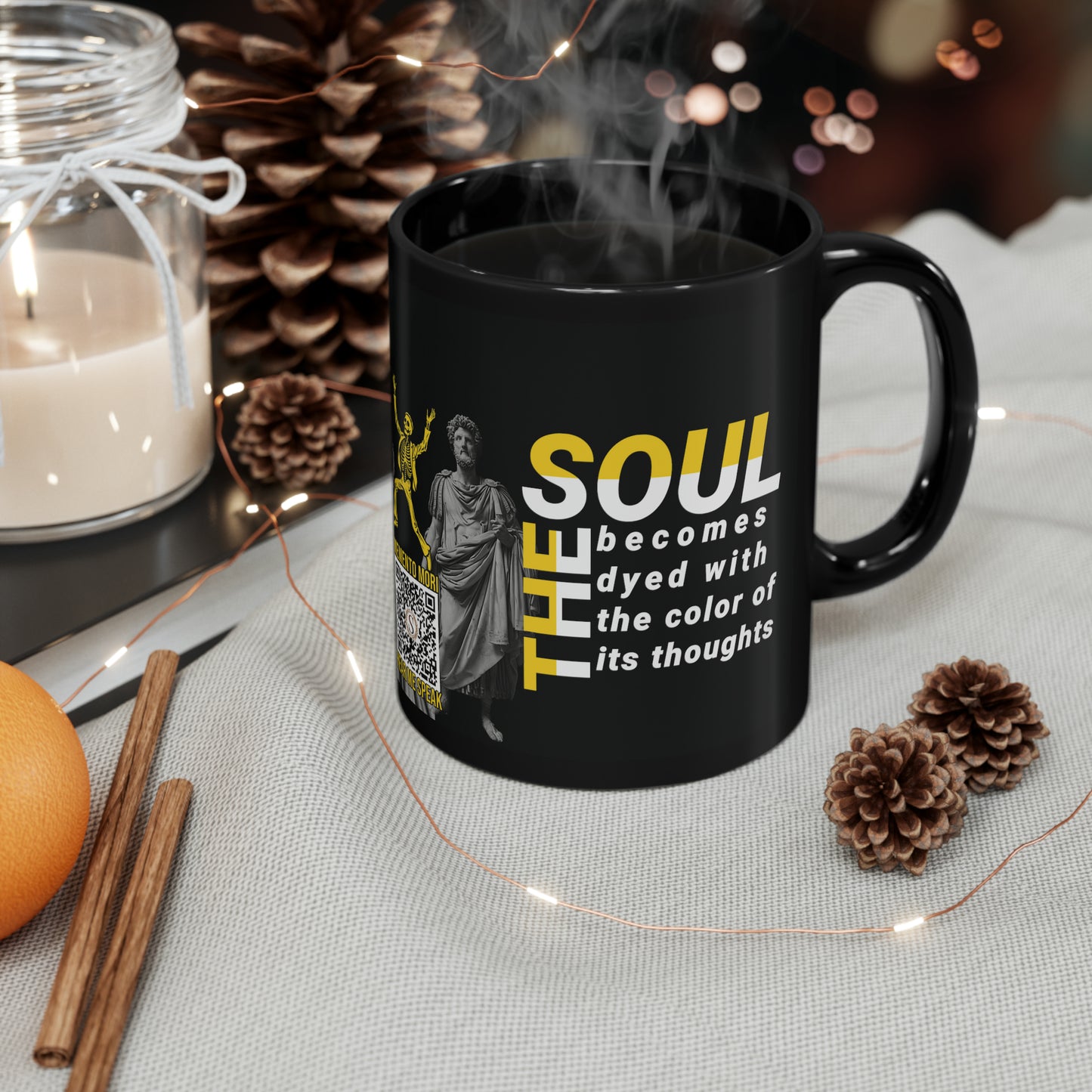 Marcus Aurelius Quote Mug: "The soul becomes dyed with the color of its thoughts" - INTERACTIVE Stoicism Quote Mug - Scannable QR Code - Black Mug