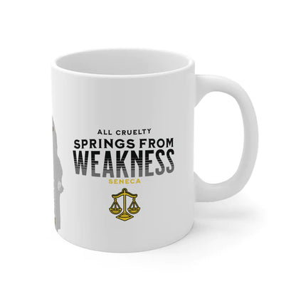 Seneca Quote Mug: "All cruelty springs from weakness" - INTERACTIVE Stoicism Quote Mug - Scannable QR Code - Black Mug