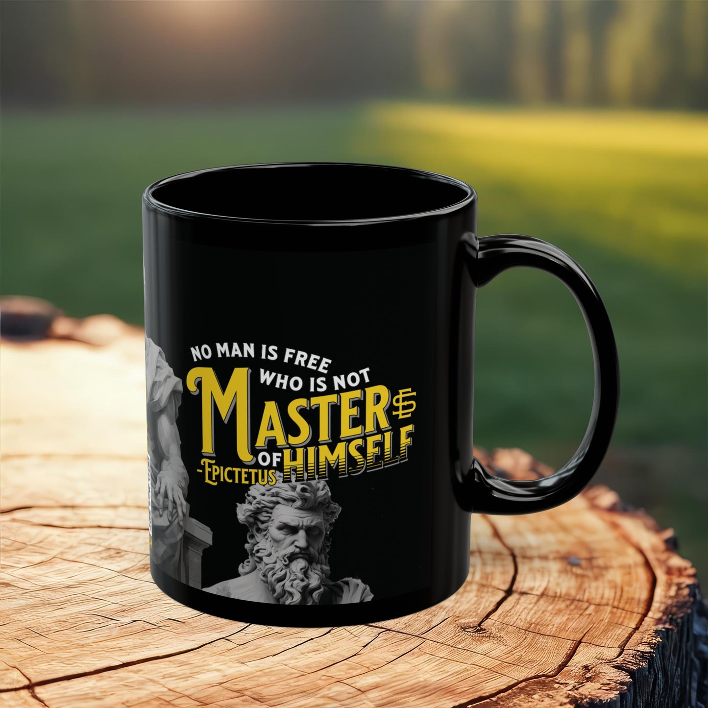 Epictetus Quote Mug - "No man is free who is not master of himself." - INTERACTIVE Stoicism Quote Mug - Scannable QR Code - Black Mug