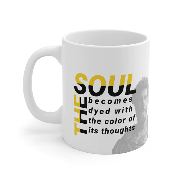 Marcus Aurelius Quote Mug: "The soul becomes dyed with the color of its thoughts" - INTERACTIVE Stoicism Quote Mug - Scannable QR Code - Black Mug