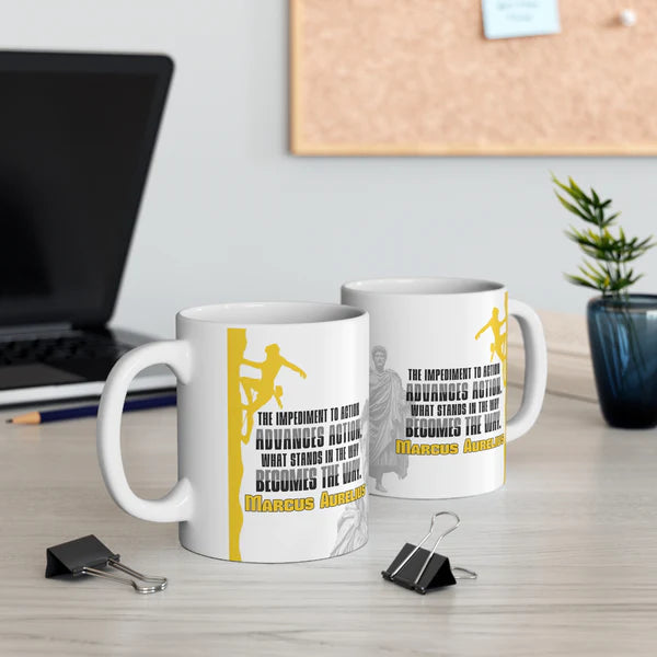 Marcus Aurelius Quote Mug: "What Stands in the Way, Becomes the Way." - INTERACTIVE Stoicism Quote Mug - Scannable QR Code - Black Mug