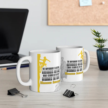 Marcus Aurelius Quote Mug: "What Stands in the Way, Becomes the Way." - INTERACTIVE Stoicism Quote Mug - Scannable QR Code - Black Mug