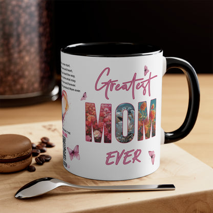 Greatest Mom Ever, Mother's Day Gift, Interactive Coffee Mug Gift for Mom, Audio Music Lyrics QR Code Scanning Mug, Two-Tone Accent, 11oz White Mug