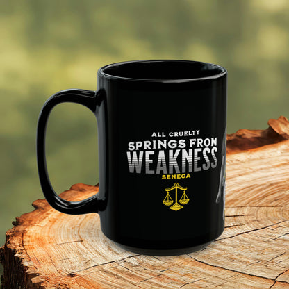 Seneca Quote Mug: "All cruelty springs from weakness" - INTERACTIVE Stoicism Quote Mug - Scannable QR Code - Black Mug