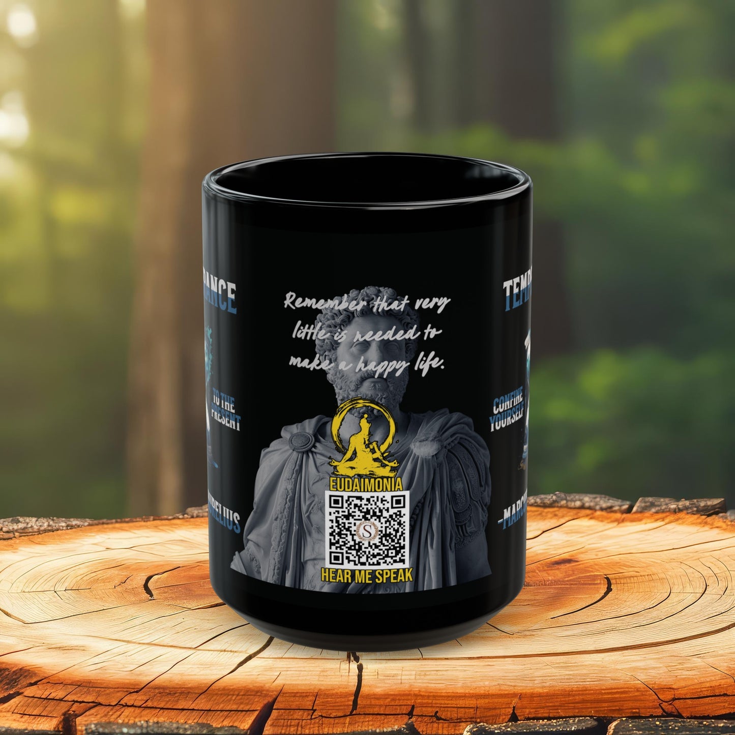 Marcus Aurelius Quote Mug - "Confine yourself to the present. Remember that very little is needed to make a happy life." - INTERACTIVE Stoicism Quote Mug - Scannable QR Code - Black Mug