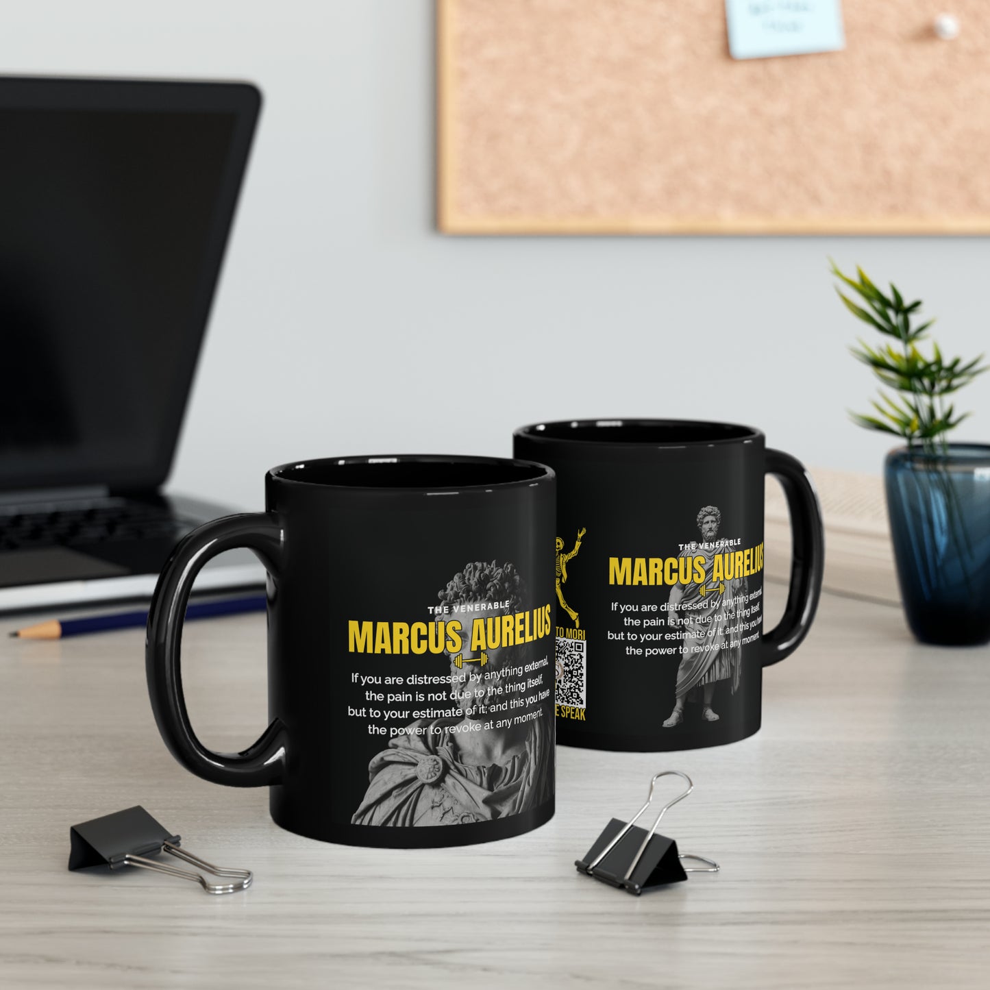 Marcus Aurelius Quote Mug: "If you are distressed by anything external" - INTERACTIVE Stoicism Quote Mug - Scannable QR Code - Black Mug