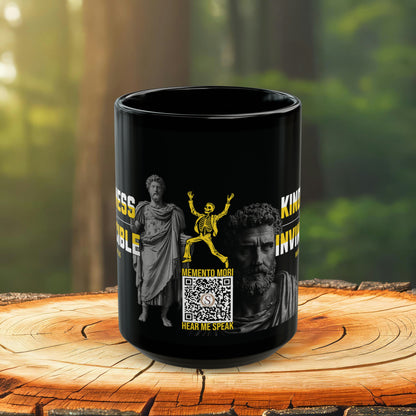 Marcus Aurelius Quote Mug: "Kindness is Invincible." - INTERACTIVE Stoicism Quote Mug - Scannable QR Code - Black Mug