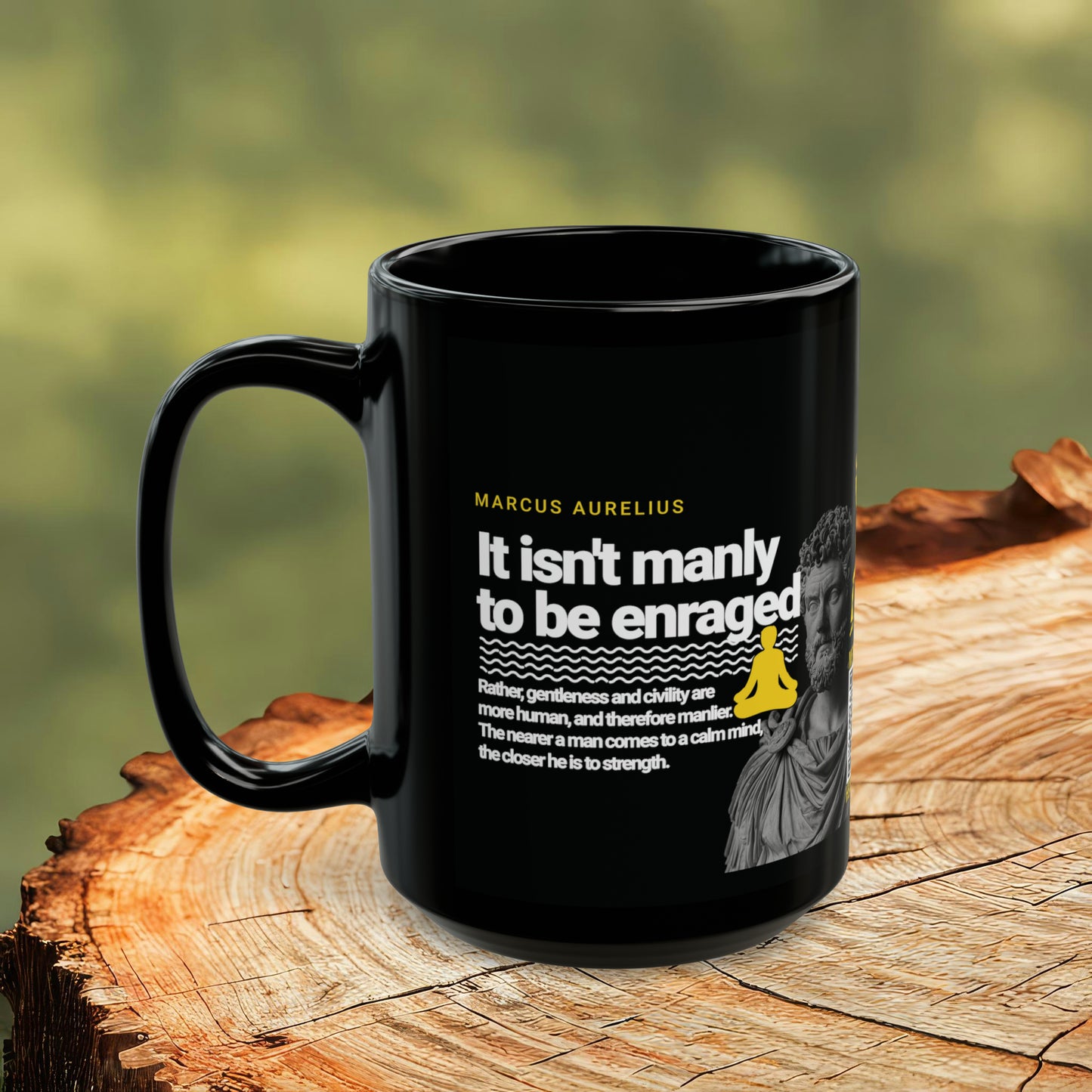 Marcus Aurelius Quote Mug: "It isn't manly to be enraged." - INTERACTIVE Stoicism Quote Mug - Scannable QR Code - Black Mug