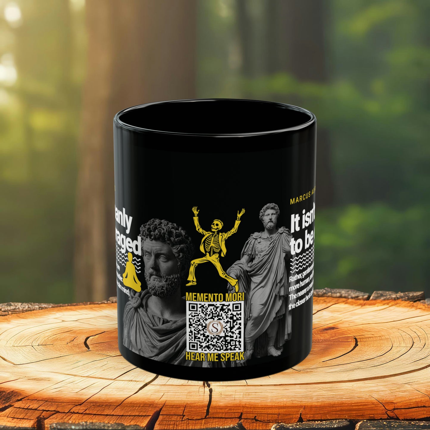 Marcus Aurelius Quote Mug: "It isn't manly to be enraged." - INTERACTIVE Stoicism Quote Mug - Scannable QR Code - Black Mug