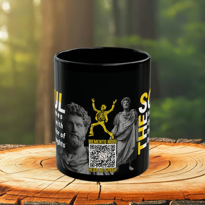 Marcus Aurelius Quote Mug: "The soul becomes dyed with the color of its thoughts" - INTERACTIVE Stoicism Quote Mug - Scannable QR Code - Black Mug