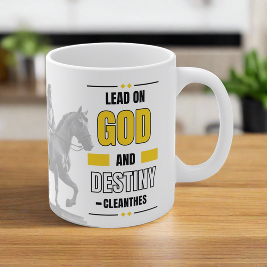 Cleanthes Quote Mug - LEAD on GOD and DESTINY - INTERACTIVE Stoicism Quote Mug - Scannable QR Code - Black Mug